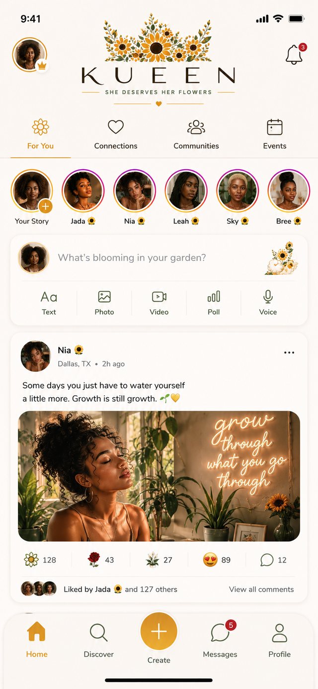 The KUEEN home feed, showing stories, a post composer, and a community post with flower reactions