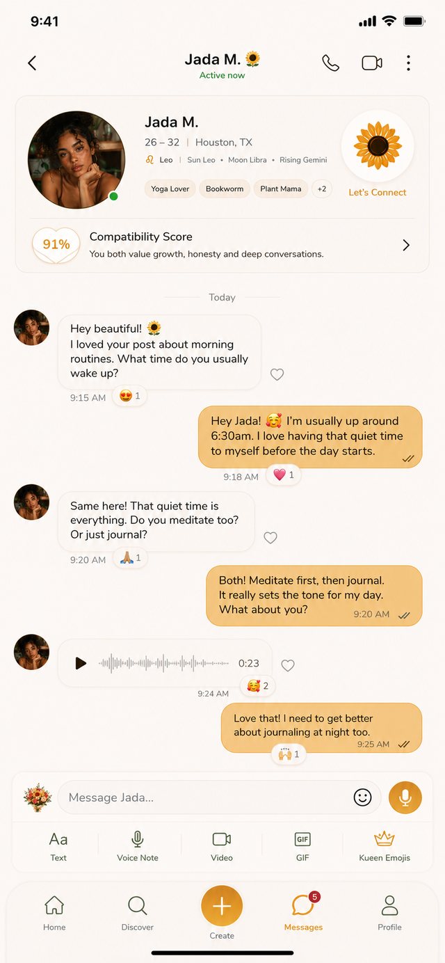 A KUEEN conversation with the compatibility score pinned at the top