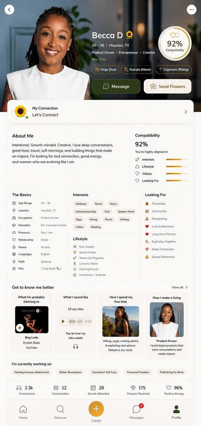 A KUEEN profile with compatibility breakdown, interests, and what she's looking for
